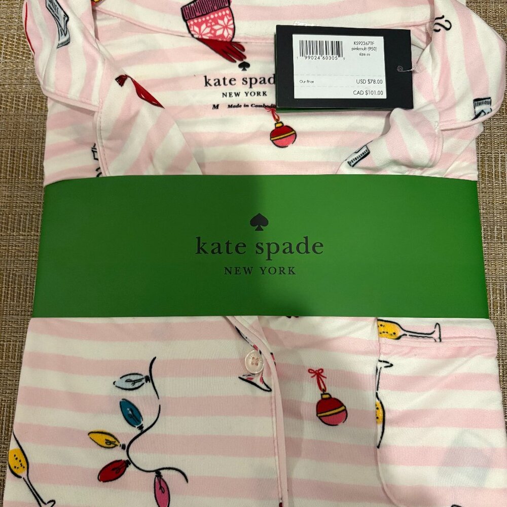 Kate Spade Festive print Pink and White Stripe PJ Set